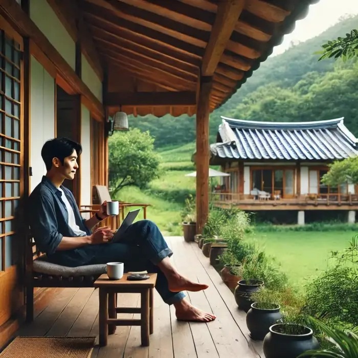 123_DALL·E 2024-10-15 15.15.29 - A Korean man relaxing comfortably in his own countryside house. The man is sitting on a cozy porch surrounded by nature, perhaps with a cup of tea or .jpg
