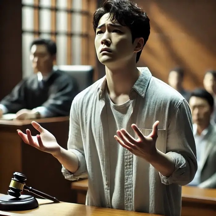 123_DALL·E 2024-10-22 15.18.52 - A Korean man standing in a courtroom, visibly upset and distraught. His hands are slightly raised, expressing confusion and disbelief, as he faces a j.jpg