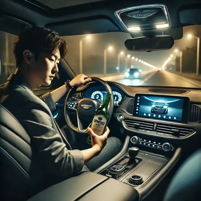 123_DALL·E 2024-11-11 17.24.59 - Inside the modern interior of a Genesis car at night, an East Asian driver is holding an empty bottle with a casual expression. The dashboard and slee.jpg