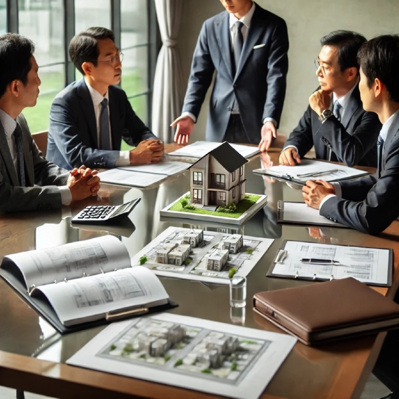 DALL·E 2024-11-25 17.01.16 - A professional meeting setting where a group of middle-aged Koreans are discussing a real estate project related to a housing cooperative. The table h.jpg