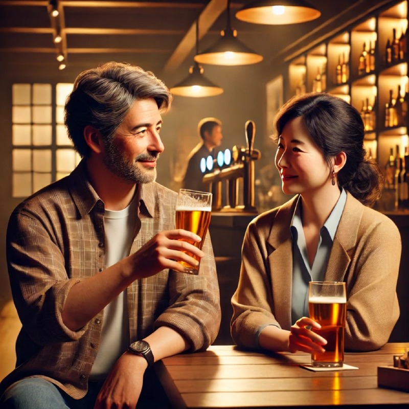 DALL·E 2024-12-23 17.46.45 - A realistic scene of a middle-aged Asian man and woman sitting together in a cozy pub, clinking glasses in a friendly and lighthearted manner. The set.jpg