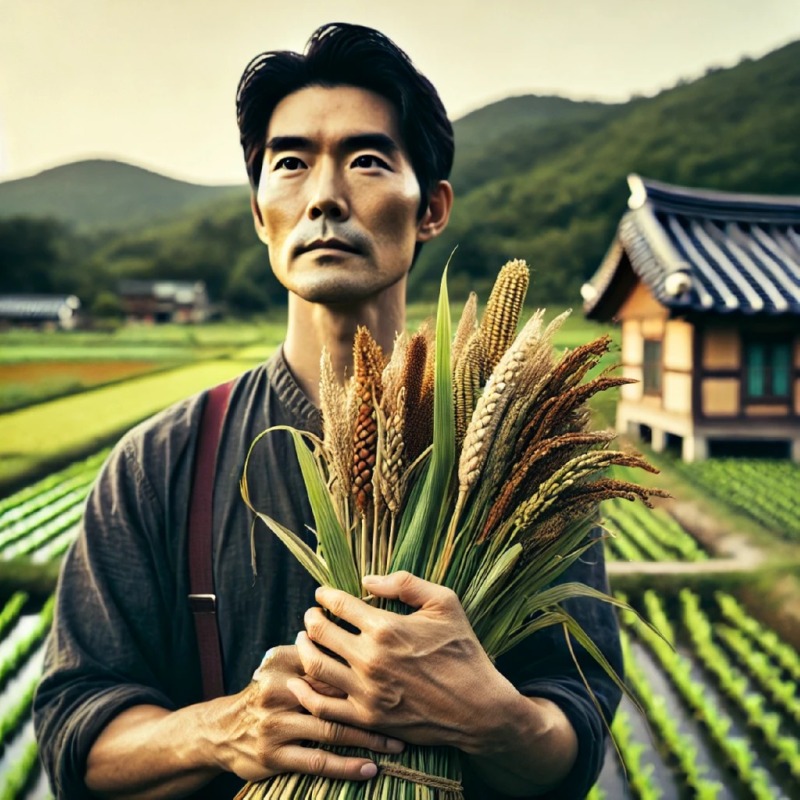 DALL·E 2025-01-07 14.59.55 - A close-up scene of an East Asian farmer standing in a field, holding a bundle of crops, symbolizing decades of farming. The setting includes a Korean.jpg