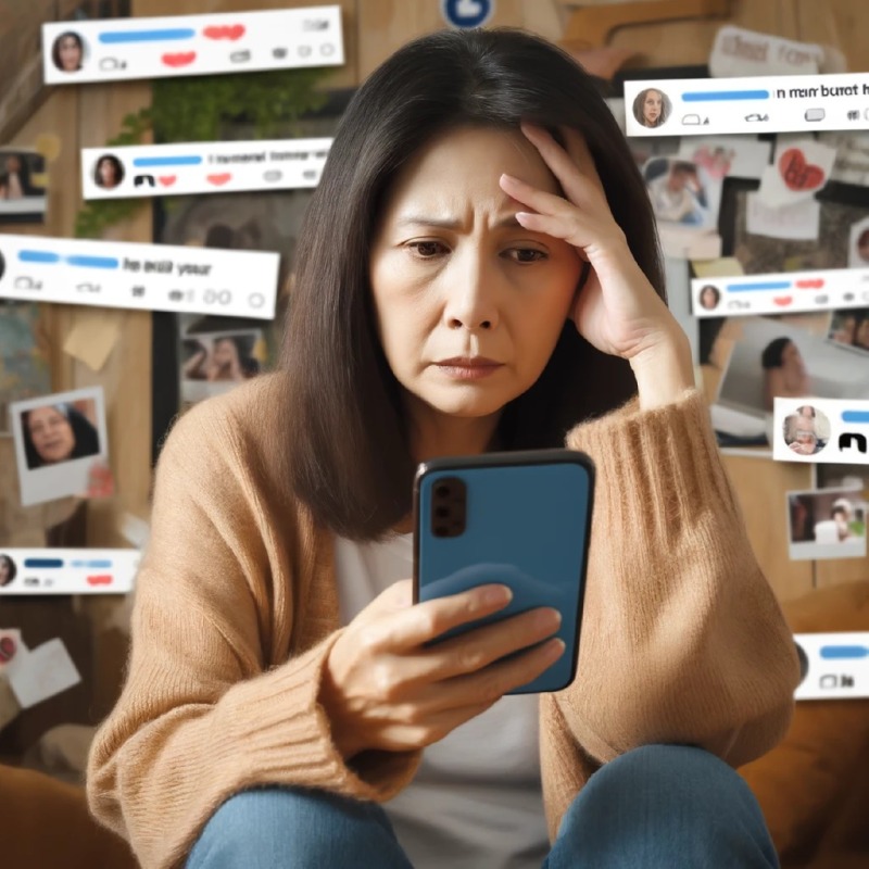 DALL·E 2025-01-09 10.46.42 - A middle-aged East Asian woman looking stressed while scrolling through her smartphone, surrounded by screenshots of harmful social media comments and.jpg